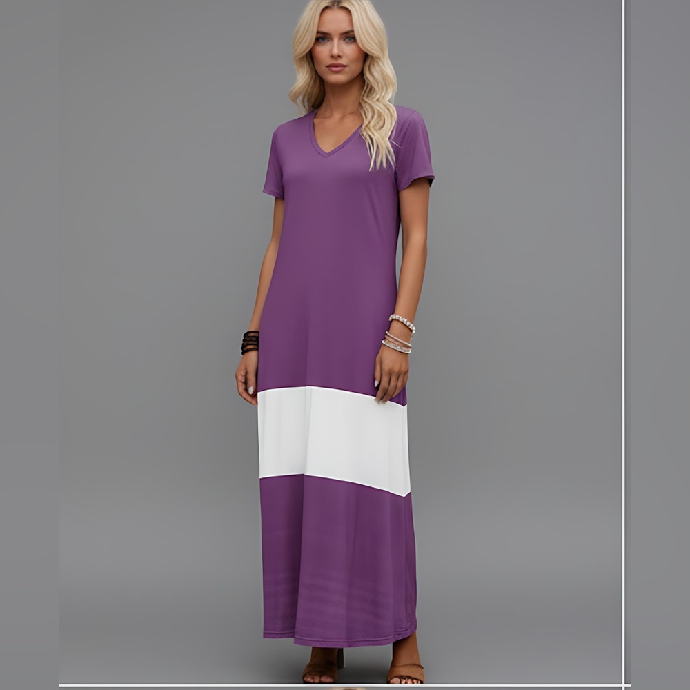 LAST ONE 🔥 Short Sleeve Color Block Tee Dress Purple - Picture 3 of 5